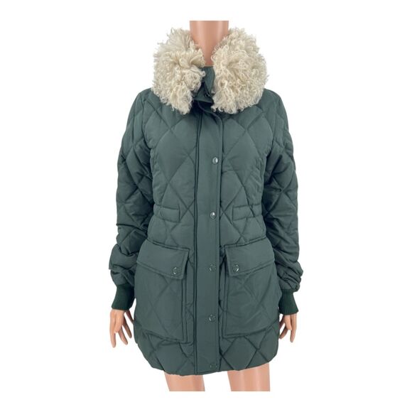 Theory Jacket Quilted Down Puffer Lamb Fur Trim Forest Green Size S - Picture 3 of 8